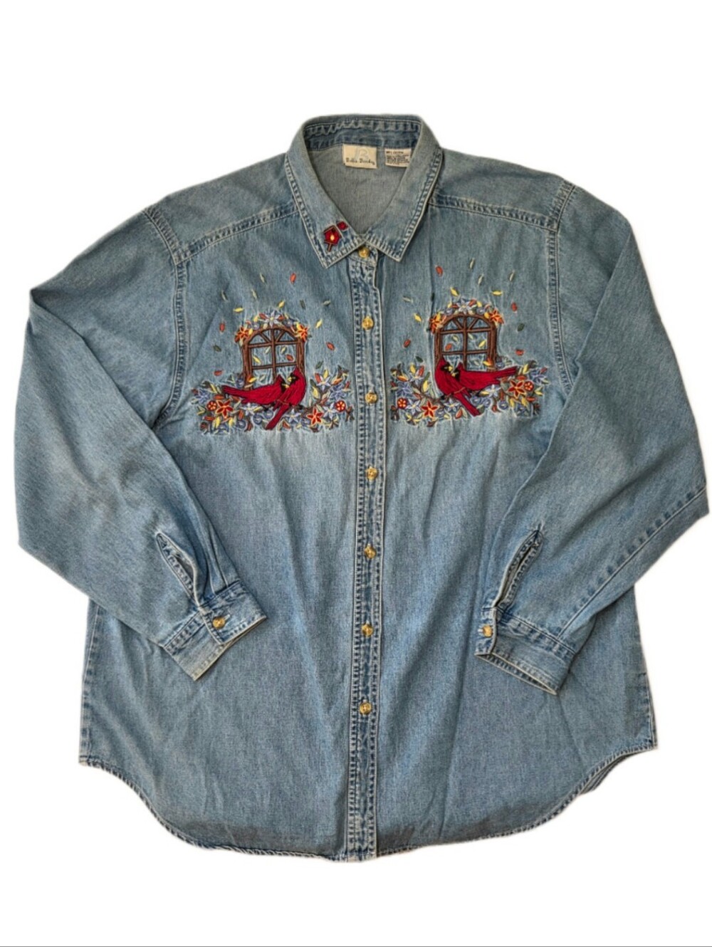 Vintage Bobbie Brooks XL Embroidered Cardinal Denim Shirt Cottagecore 90s